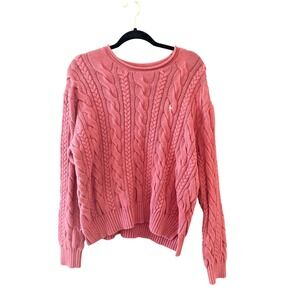 Polo Ralph Lauren Womens XL Pink Cable Knit Crew Neck Sweater Preppy Old Money